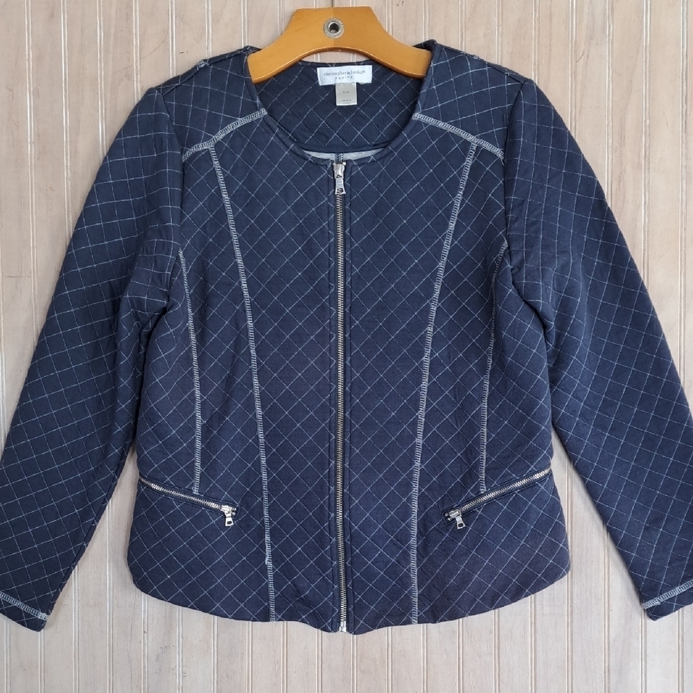 Christopher & Banks Cotton Blend Petite Navy Quilted Comfy Pockets Zip Jacket